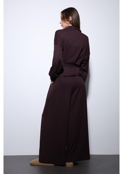 Mürdüm Bel Kemerli Geniş Paça Pantolonlu Takım