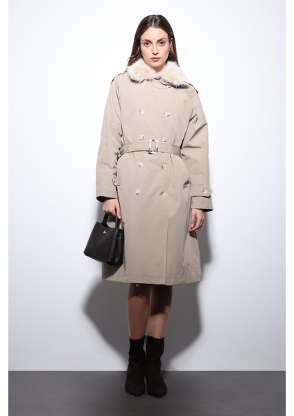 Bej Suni Kürklü Yaka Kadın Trençkot fırsatları