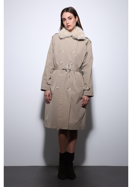 Bej Suni Kürklü Yaka Kadın Trençkot indirimleri