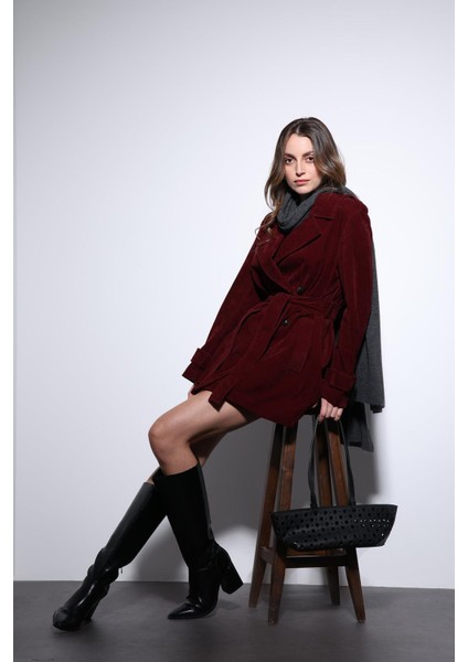 Bordo Süet Görünümlü Kadın Trençkot