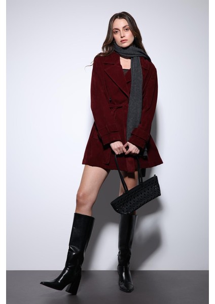 Bordo Süet Görünümlü Kadın Trençkot fiyatları