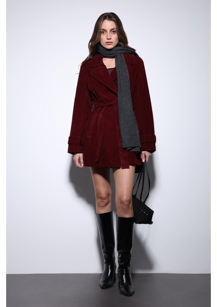 Bordo Süet Görünümlü Kadın Trençkot modelleri