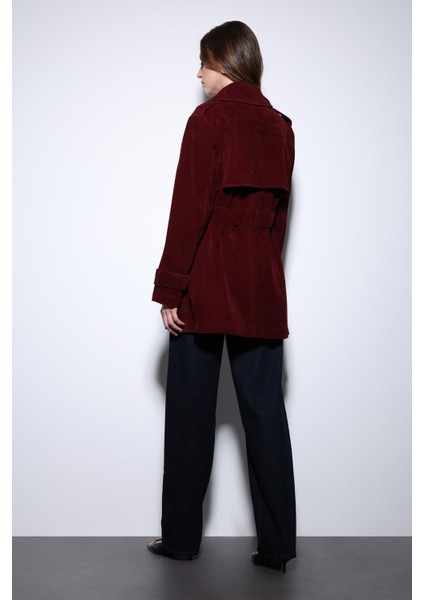Bordo Süet Görünümlü Kadın Trençkot