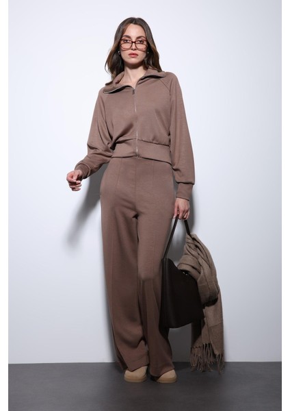 Bej Fermuarlı Kadın Eşofman Takım