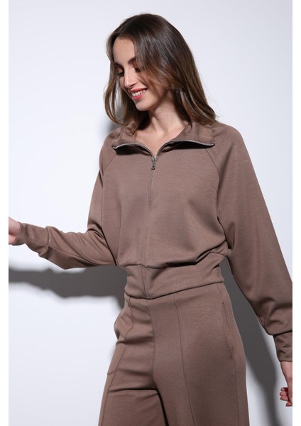 Bej Fermuarlı Kadın Eşofman Takım