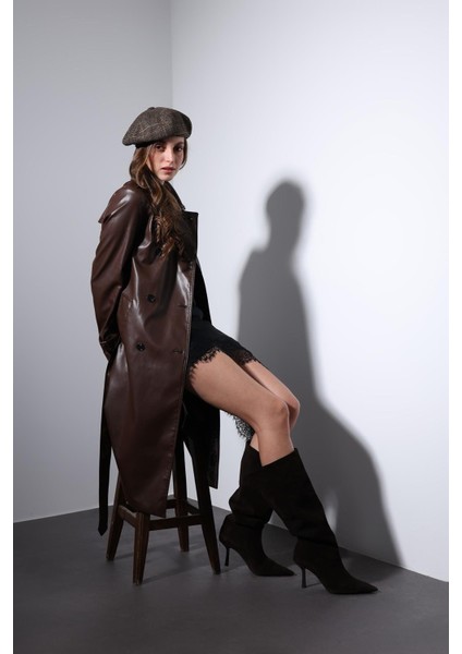 Kahve Kadın Suni Deri Kemerli Trençkot