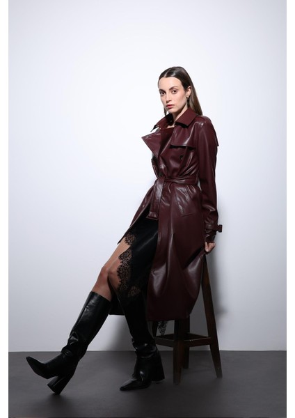 Kahve Kadın Suni Deri Kemerli Trençkot fiyatları