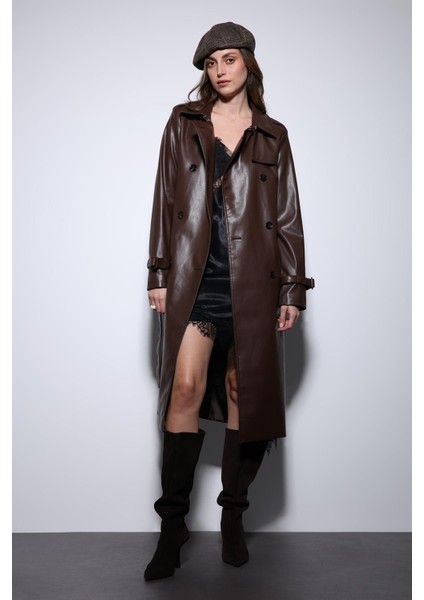 Kahve Kadın Suni Deri Kemerli Trençkot indirimleri