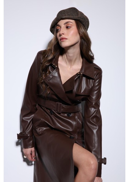 Kahve Kadın Suni Deri Kemerli Trençkot