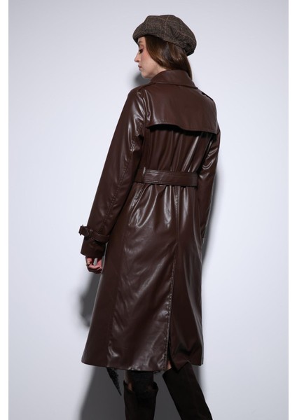 Kahve Kadın Suni Deri Kemerli Trençkot