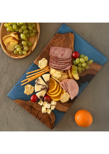 Zeytin Ağacı ve Mavi Epoksi Sunum Tahtası 40X25 cm El Yapımı fırsatları