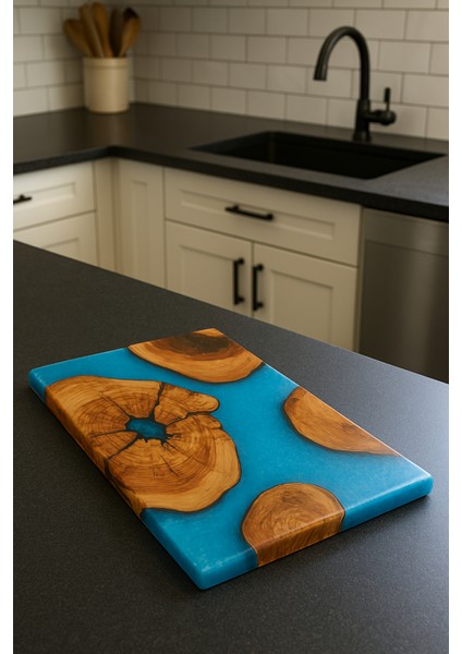 Zeytin Ağacı ve Mavi Epoksi Sunum Tahtası 40X25 cm El Yapımı indirimleri