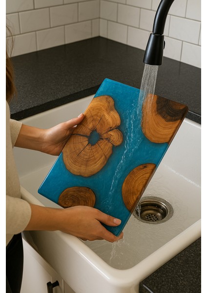 Zeytin Ağacı ve Mavi Epoksi Sunum Tahtası 40X25 cm El Yapımı