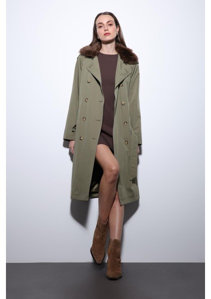 Haki Suni Kürklü Yaka Kadın Trençkot