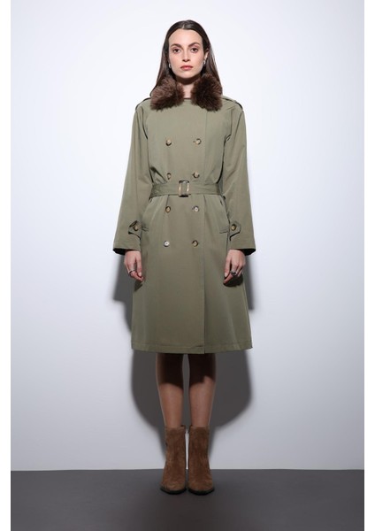 Haki Suni Kürklü Yaka Kadın Trençkot fiyatları
