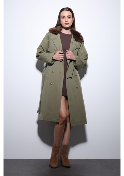 Haki Suni Kürklü Yaka Kadın Trençkot modelleri