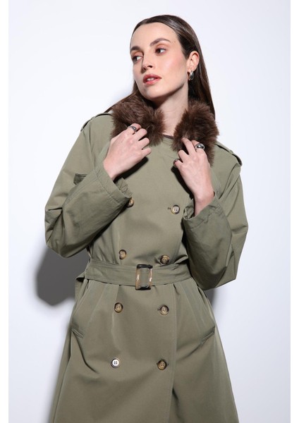 Haki Suni Kürklü Yaka Kadın Trençkot indirimleri