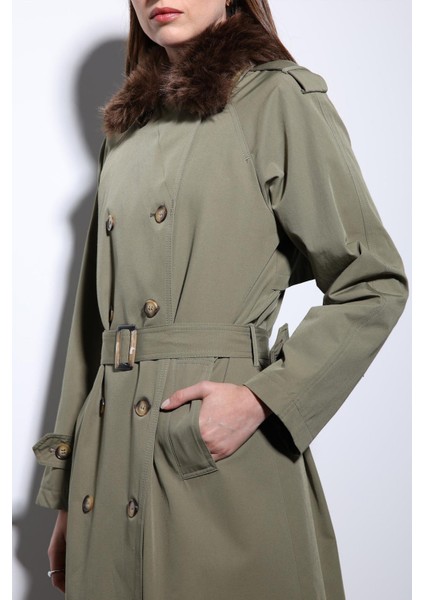 Haki Suni Kürklü Yaka Kadın Trençkot