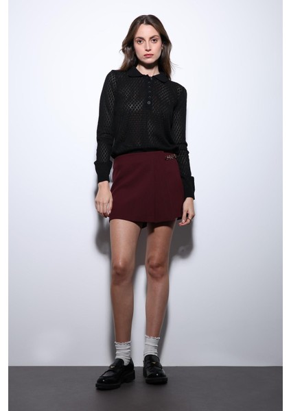 Siyah Polo Yaka Desenli Triko Kadın Kazak