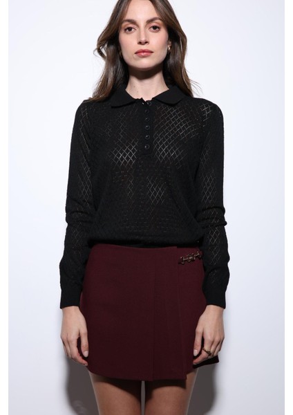 Siyah Polo Yaka Desenli Triko Kadın Kazak fiyatları