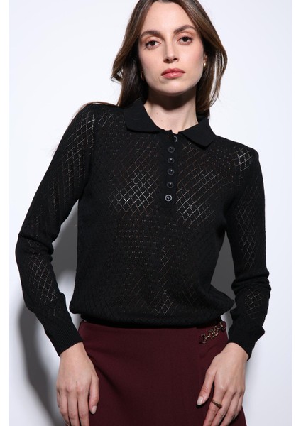 Siyah Polo Yaka Desenli Triko Kadın Kazak modelleri