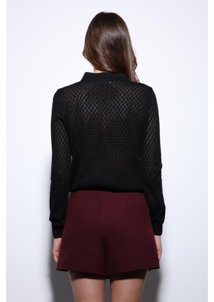 Siyah Polo Yaka Desenli Triko Kadın Kazak