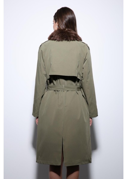Haki Suni Kürklü Yaka Kadın Trençkot