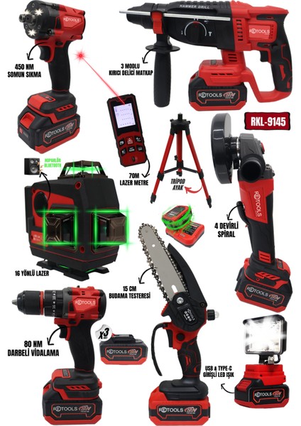7'li Set (16 Yönlü Lazer - Lazer Metre - Dal Budama Testeresi - Kare Projektör)