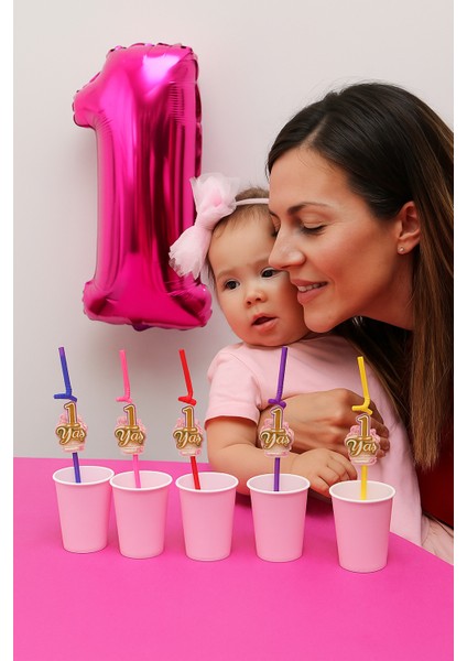 Pipet 1 Yaş Yaldızlı Pipet 10 Lu Pembe 1 Yaş Kız Doğum Günü Partisi