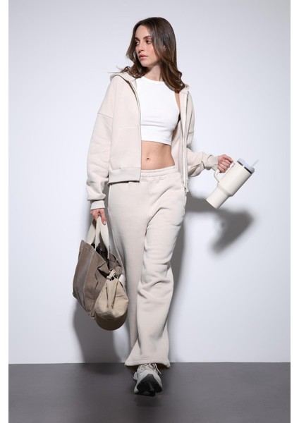 Taş Fermuarlı Kapüşanlı Kadın Sweatshirt