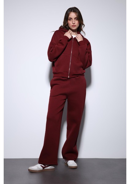 Bordo Fermuarlı Kapüşanlı Kadın Sweatshirt