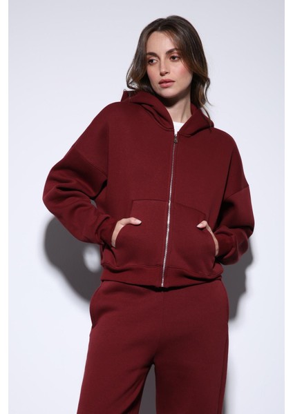 Bordo Fermuarlı Kapüşanlı Kadın Sweatshirt fiyatları