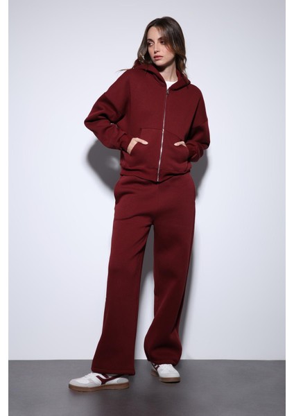 Bordo Fermuarlı Kapüşanlı Kadın Sweatshirt modelleri