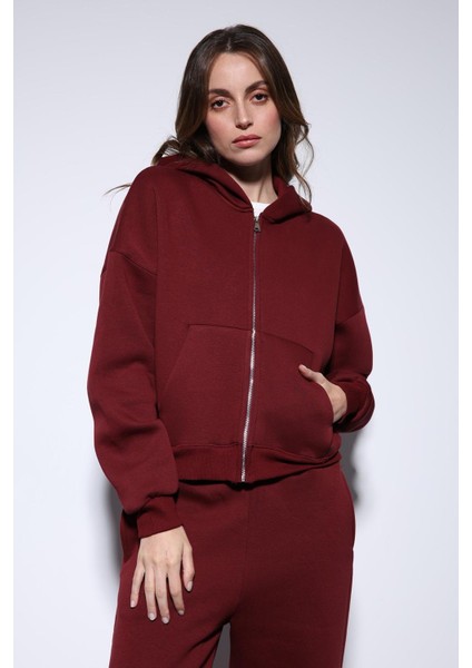 Bordo Fermuarlı Kapüşanlı Kadın Sweatshirt fırsatları