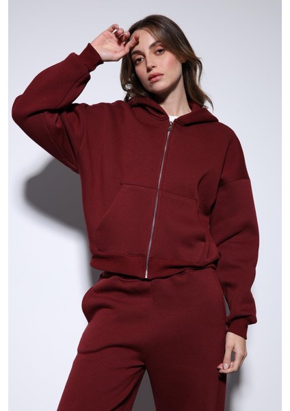 Bordo Fermuarlı Kapüşanlı Kadın Sweatshirt indirimleri