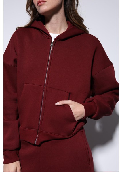 Bordo Fermuarlı Kapüşanlı Kadın Sweatshirt