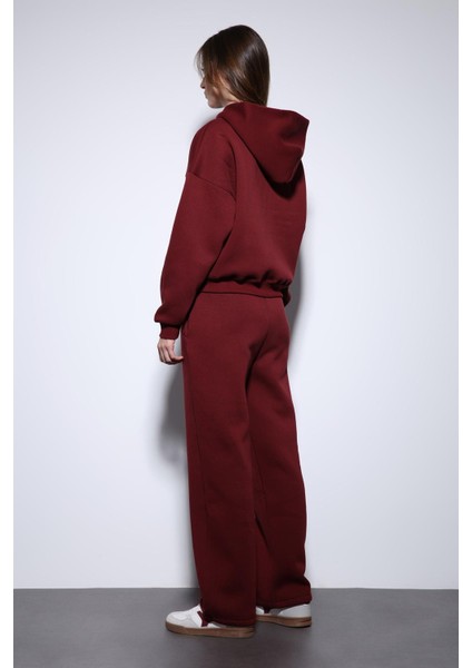 Bordo Fermuarlı Kapüşanlı Kadın Sweatshirt
