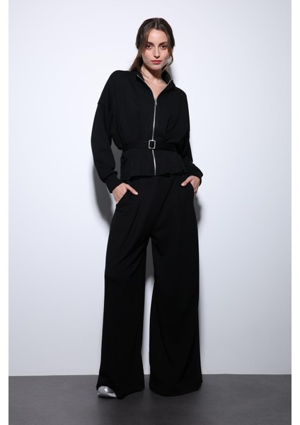 Siyah Bel Kemerli Geniş Paça Pantolonlu Takım fiyatları