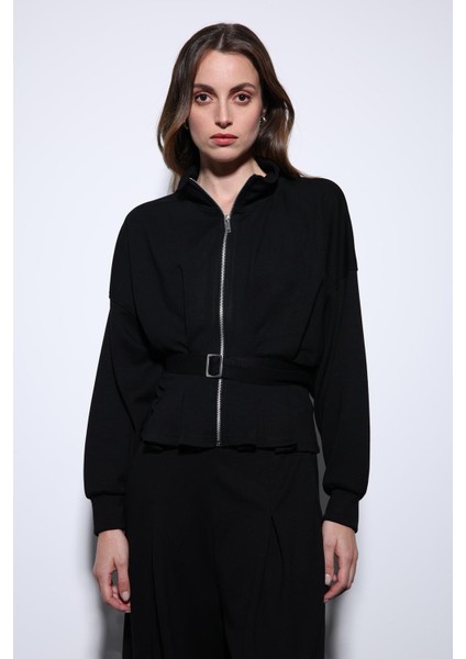 Siyah Bel Kemerli Geniş Paça Pantolonlu Takım fırsatları