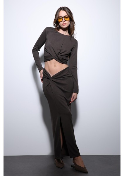 Kahve Yırtmaç Detaylı Kadın Etek Takım