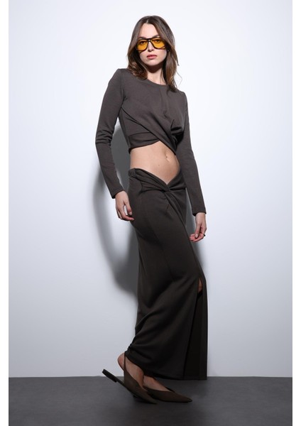 Kahve Yırtmaç Detaylı Kadın Etek Takım fiyatları