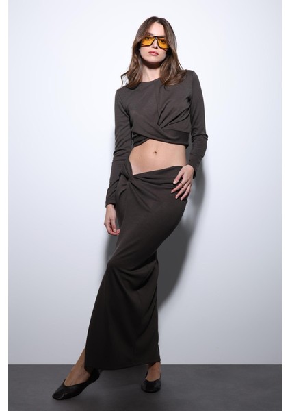 Kahve Yırtmaç Detaylı Kadın Etek Takım indirimleri