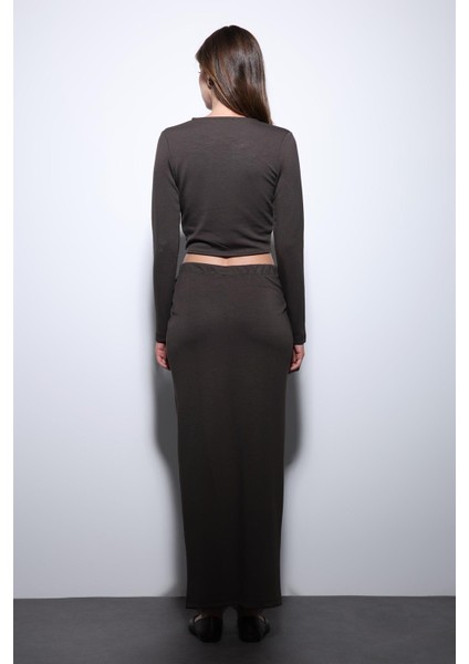 Kahve Yırtmaç Detaylı Kadın Etek Takım
