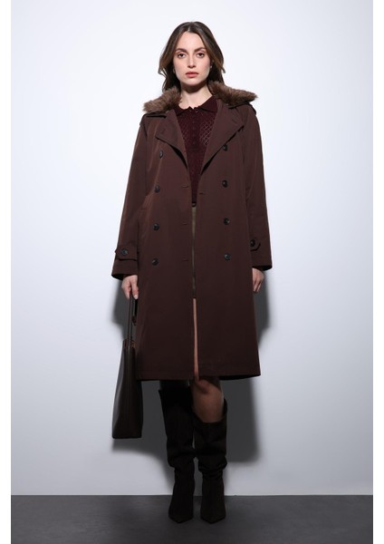 Kahve Suni Kürklü Yaka Kadın Trençkot fırsatları