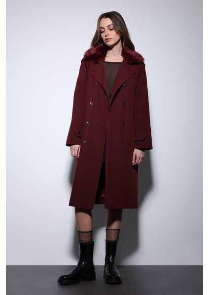Bordo Suni Kürklü Yaka Kadın Trençkot modelleri
