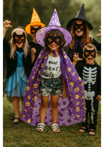 Hallowen Cadı Pelerinli Şapkalı Takım.mor-Gold