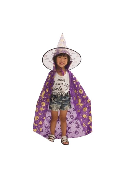 Hallowen Cadı Pelerinli Şapkalı Takım.mor-Gold modelleri