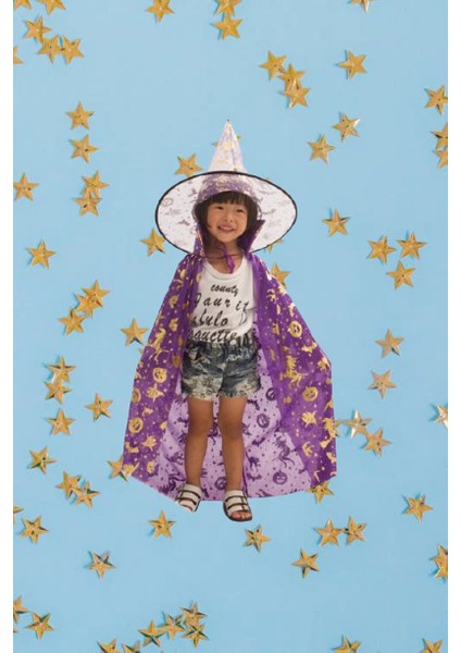 Hallowen Cadı Pelerinli Şapkalı Takım.mor-Gold indirimleri