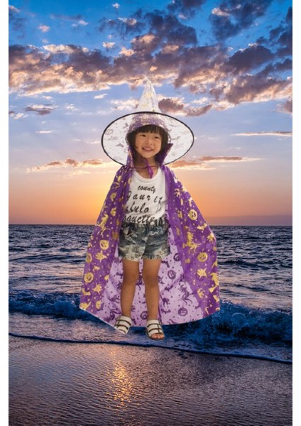 Hallowen Cadı Pelerinli Şapkalı Takım.mor-Gold