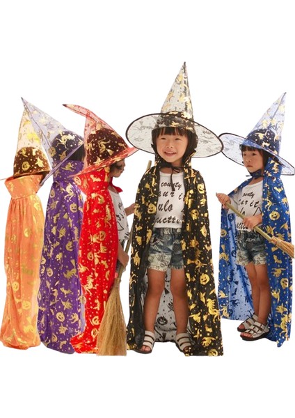 Hallowen Cadı Pelerinli Şapkalı Takım.mor-Gold